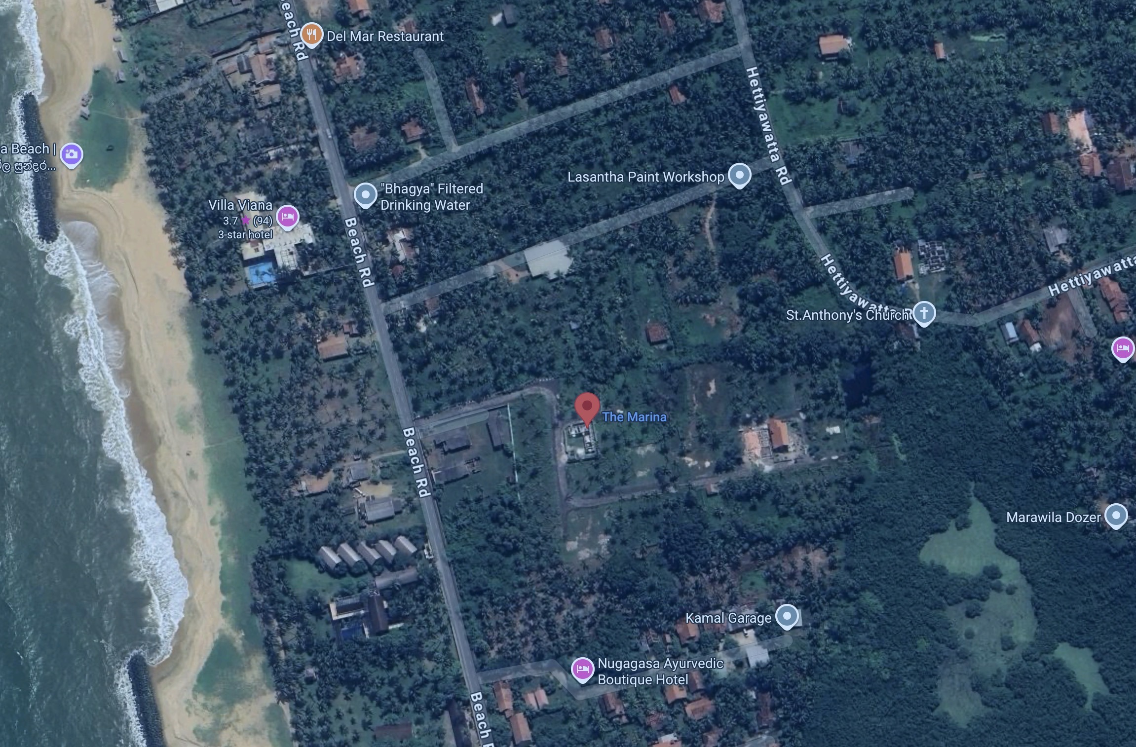 Satellite map supplied by the owner showing the pin labelled The Marina near Beach Road in Marawila