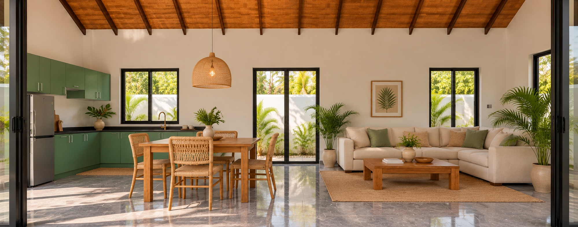 Proposed rectangular sitting and dining room with the L-shaped kitchen at the left end