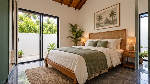 Proposed master bedroom with natural wood, woven details and soft linen